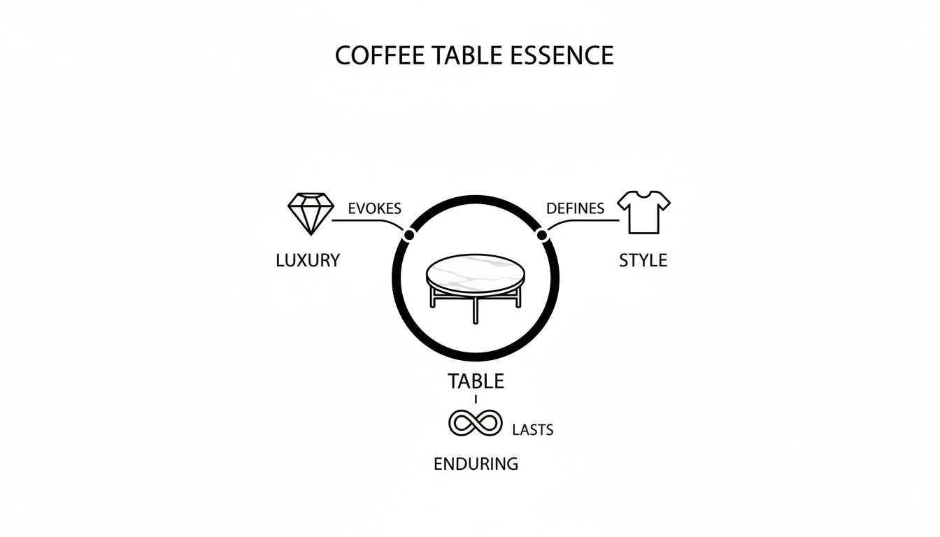 A conceptual diagram illustrating coffee table essence, connecting luxury, style, and enduring qualities.