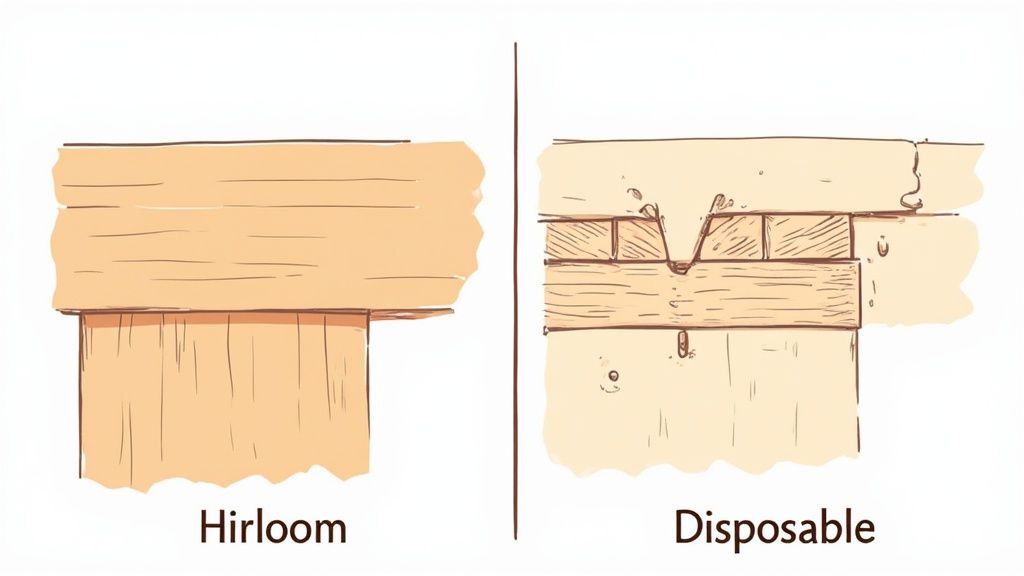 Comparison of two woodworking joints: a strong heirloom joint versus a weaker disposable joint.