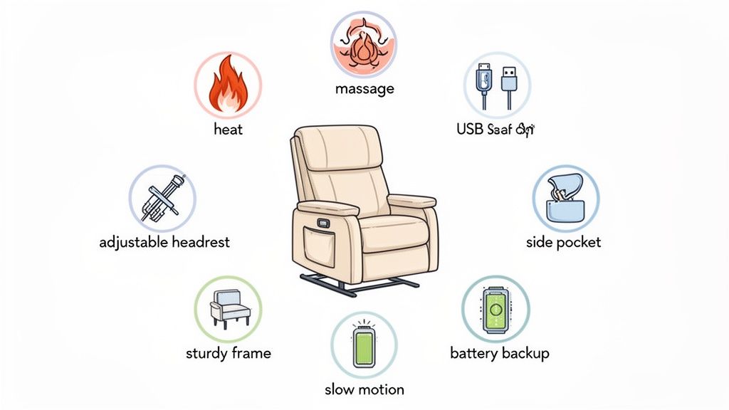 An infographic of a beige lift chair highlighting features like heat, massage, USB port, and battery backup.