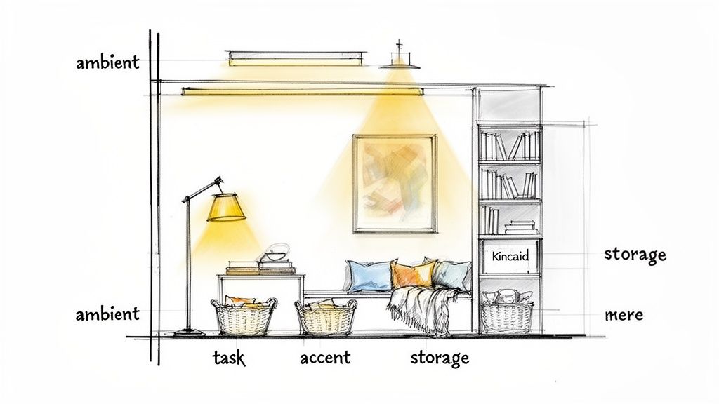 A detailed sketch illustrating different lighting types and storage solutions in a room layout.