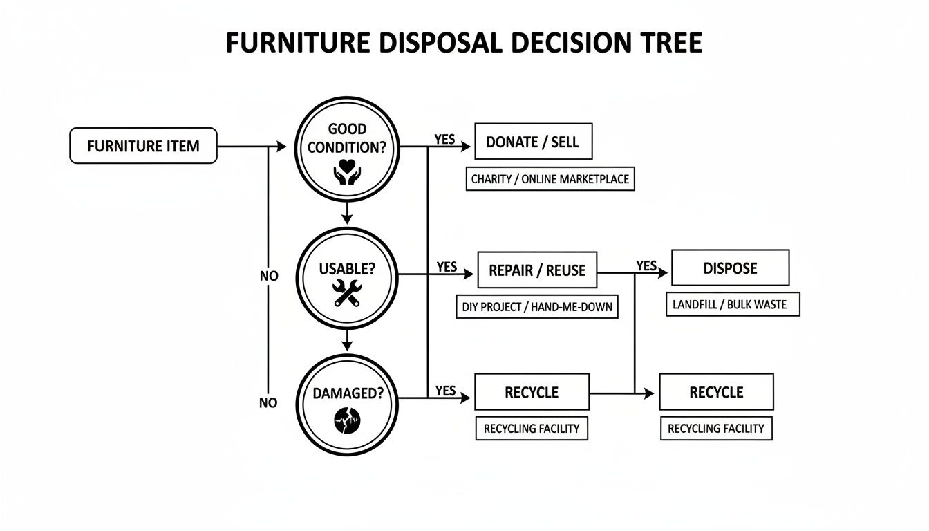A decision tree flowchart illustrating the steps for furniture item disposal based on its condition.
