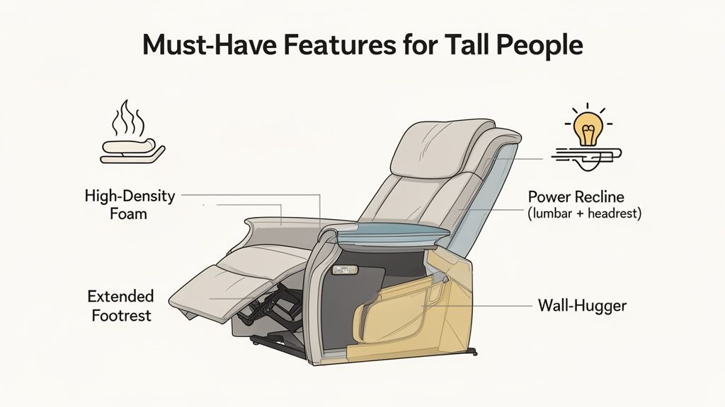 Diagram of a recliner chair highlighting essential features for tall people, including extended footrest and power recline.