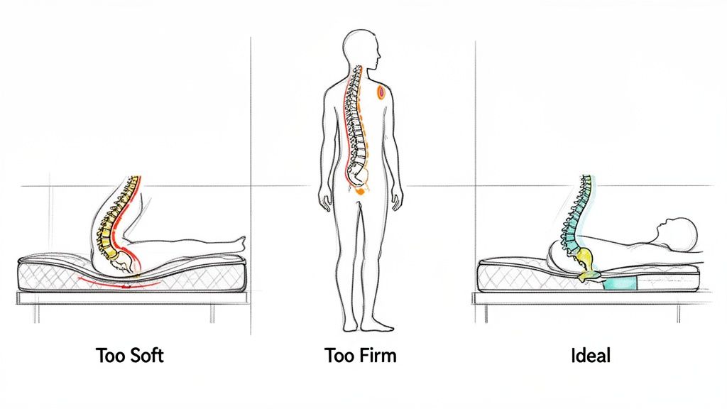 Diagram illustrating proper spine alignment on a mattress: too soft, too firm, and ideal support.