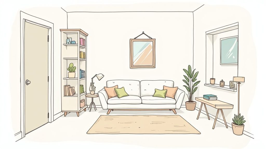 A well-arranged living room with a bookcase and a mirror to create depth.