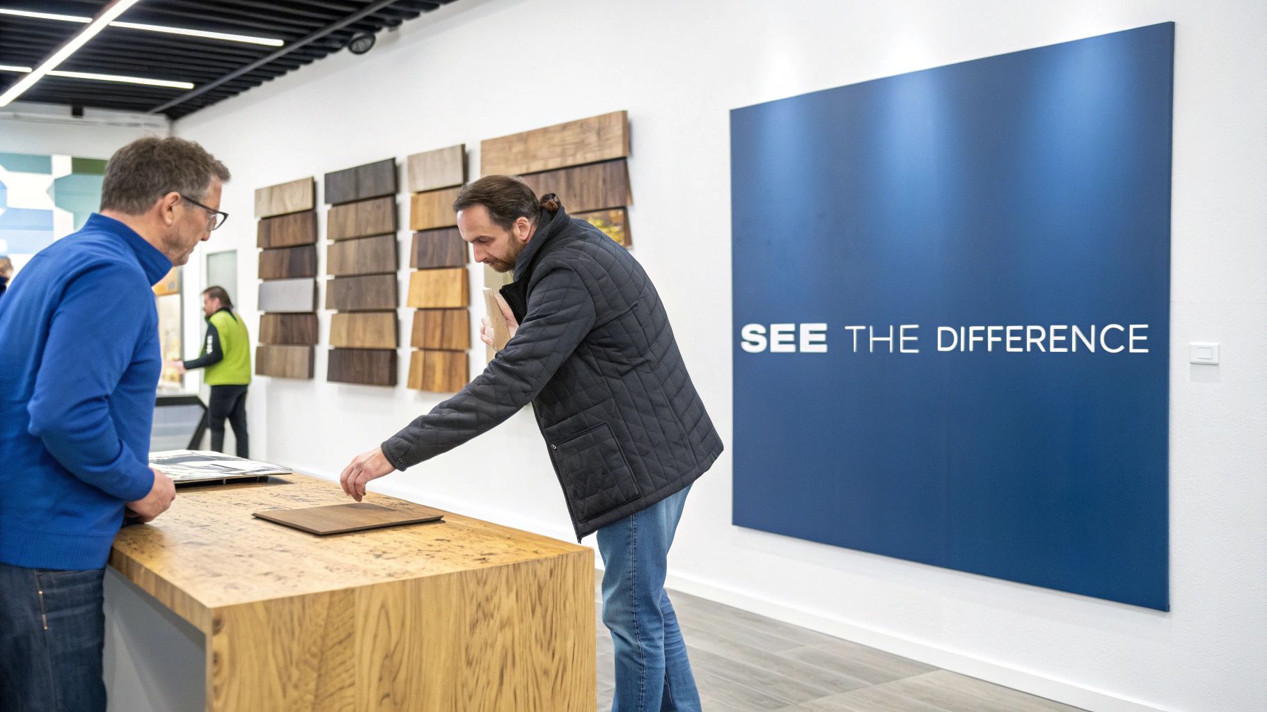 Two men examine various wood samples on a display wall and counter in a bright showroom.