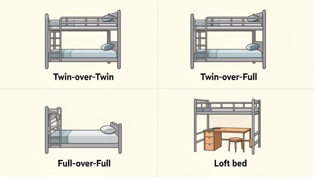 Four illustrations display different bunk and loft bed types: Twin-over-Twin, Twin-over-Full, Full-over-Full, and Loft bed.
