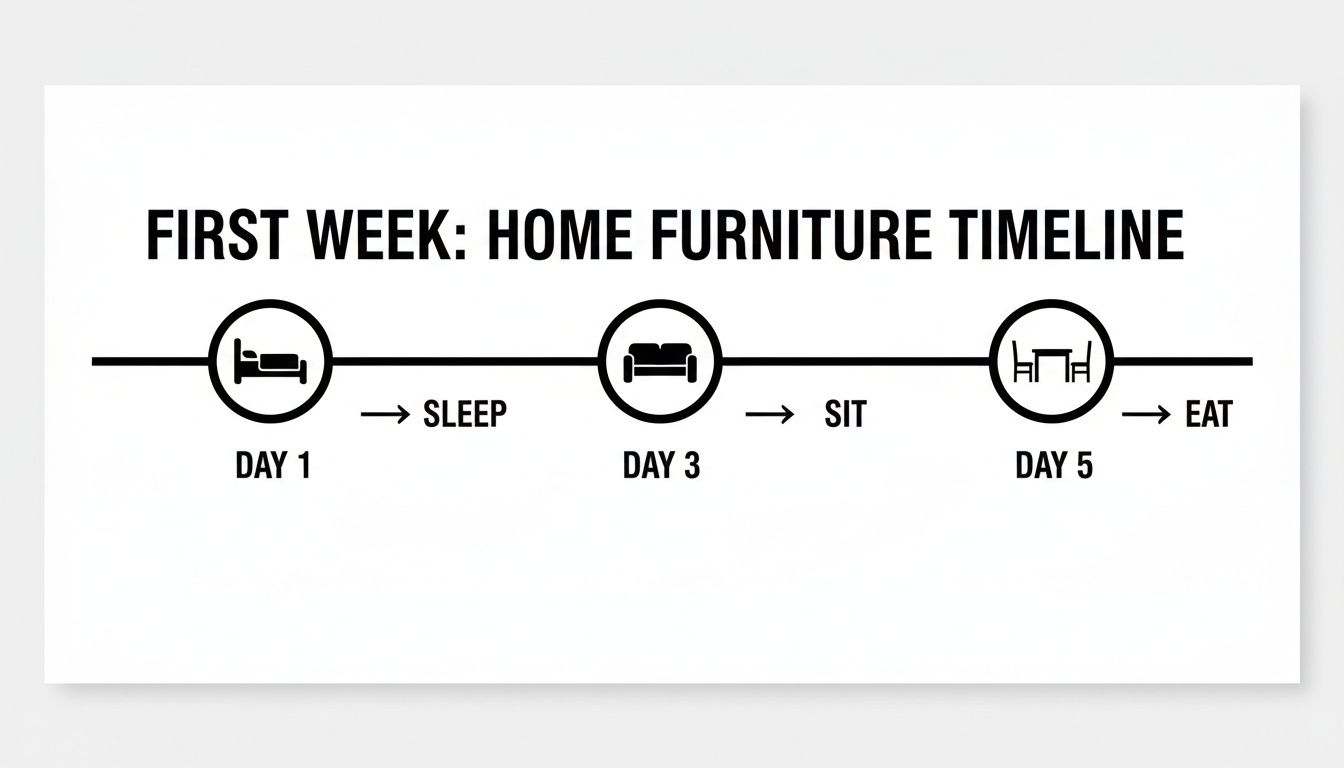A timeline illustrating the first week of furnishing a new home: bed, sofa, and dining table.