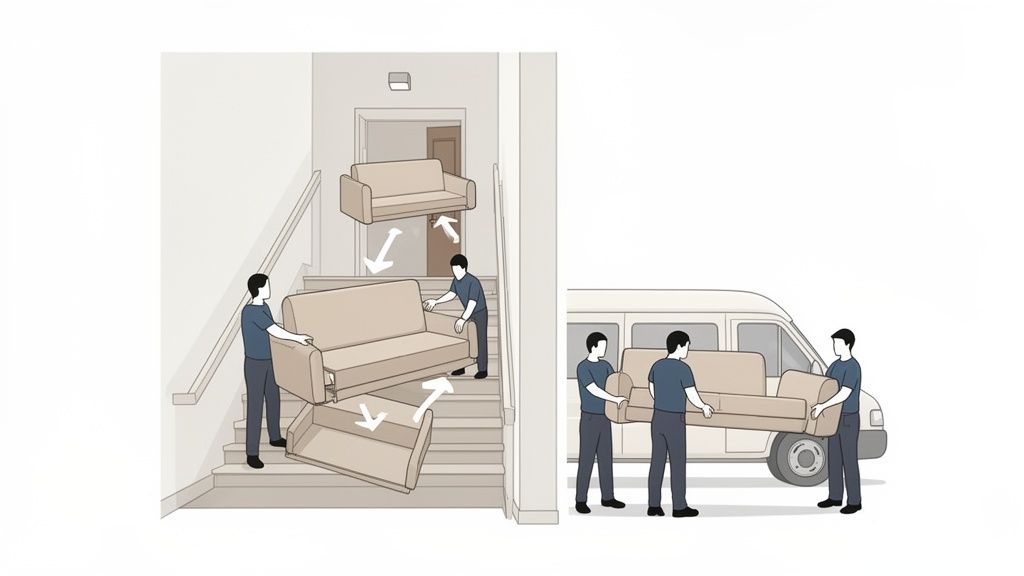 Men moving couches, some disassembled, up and down a staircase and loading them into a moving van.