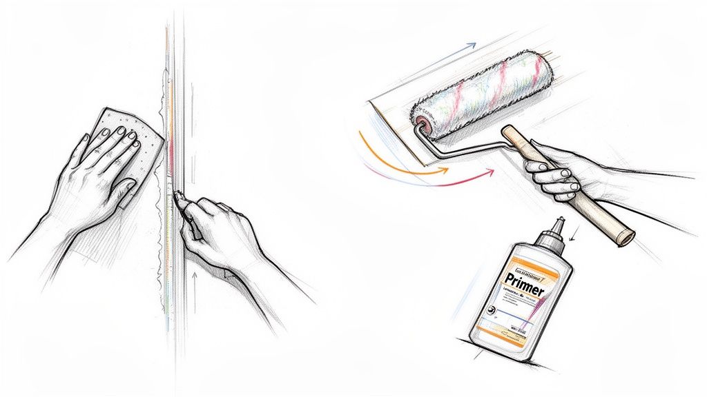 Illustration showing hands sanding a wall, trimming edges, and applying primer with a roller.