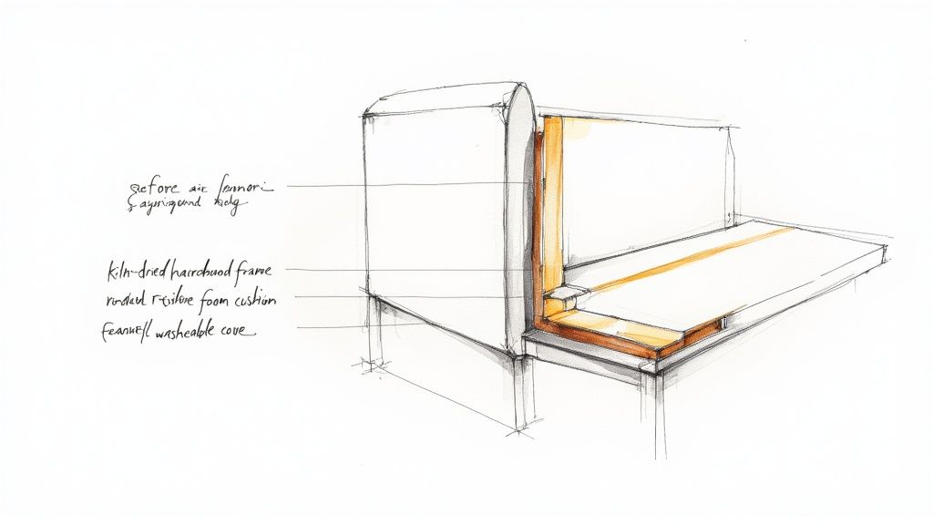 A well-constructed sofa frame highlighting its sturdy wooden joinery.