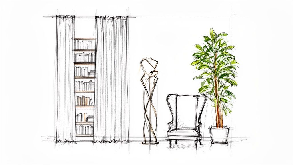 A hand-drawn sketch of a stylish interior with a bookshelf, curtains, modern lamp, armchair, and tall plant.