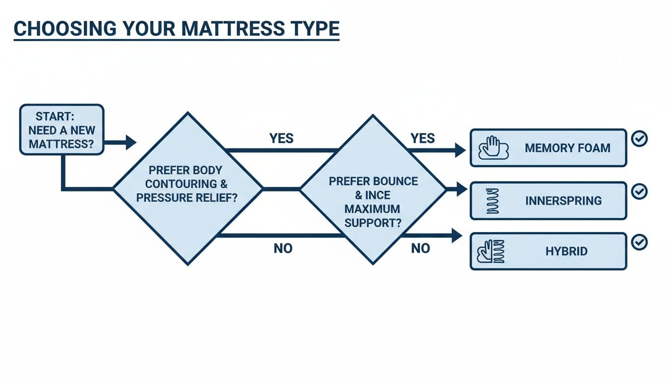 Flowchart guiding mattress selection based on preferences for body contouring, pressure relief, bounce, and support.
