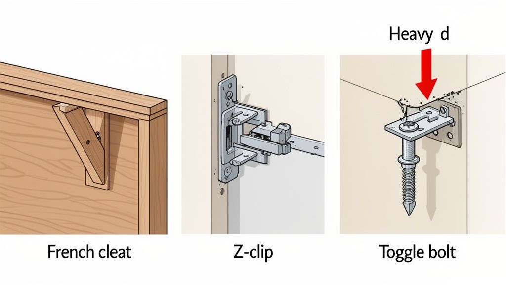 Three illustrations showing different hardware solutions for securely attaching objects to a wall: French cleat, Z-clip, and toggle bolt.