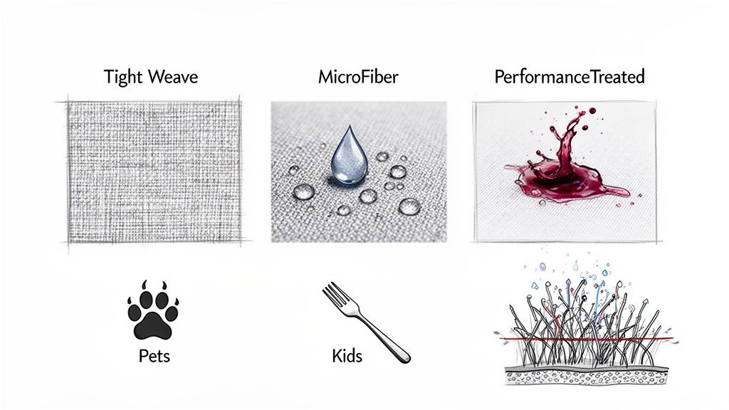 Visual guide illustrating fabric benefits: tight weave for pets, microfiber for kids, and performance-treated for liquid resistance.