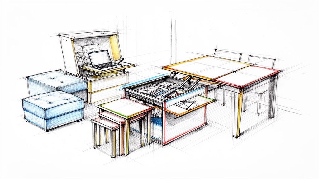 A detailed sketch illustrating multi-functional and transformable furniture solutions for small spaces.