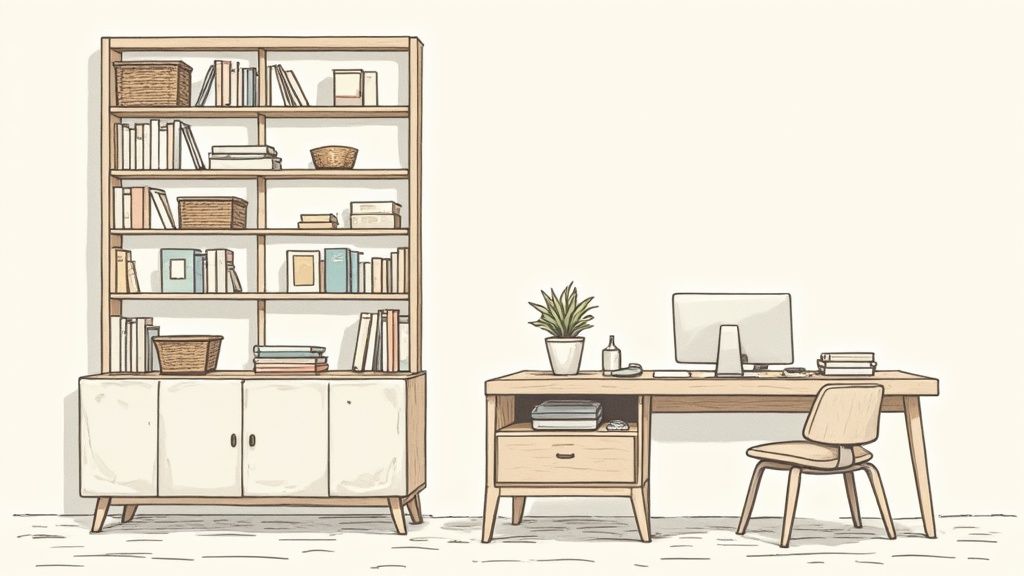 A minimalist home office setup featuring a tall bookshelf, a wooden desk with a computer, and a chair.