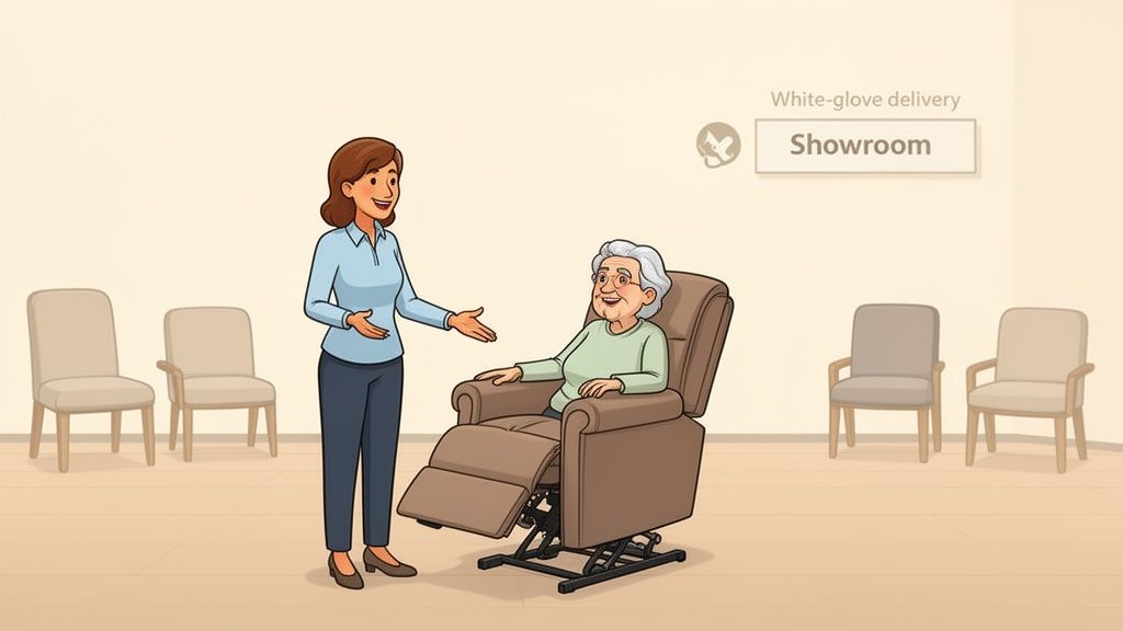 A younger woman assists a smiling senior woman trying a brown lift chair in a showroom.