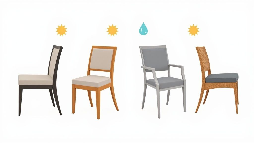 Four distinct dining chairs with icons illustrating their suitability for indoor and outdoor use.