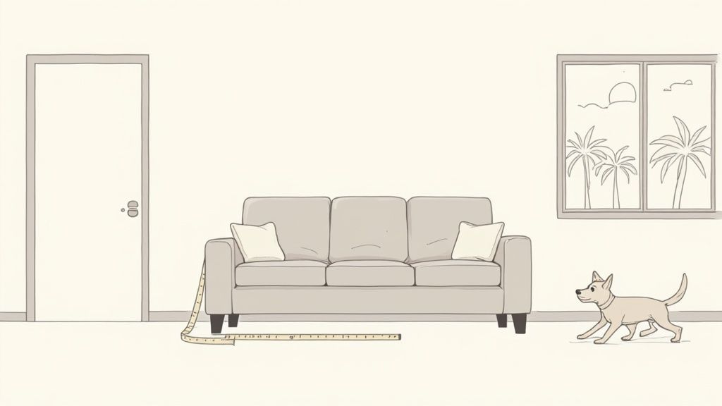 An illustrated room featuring a light-colored sofa, a dog, and a measuring tape on the floor.