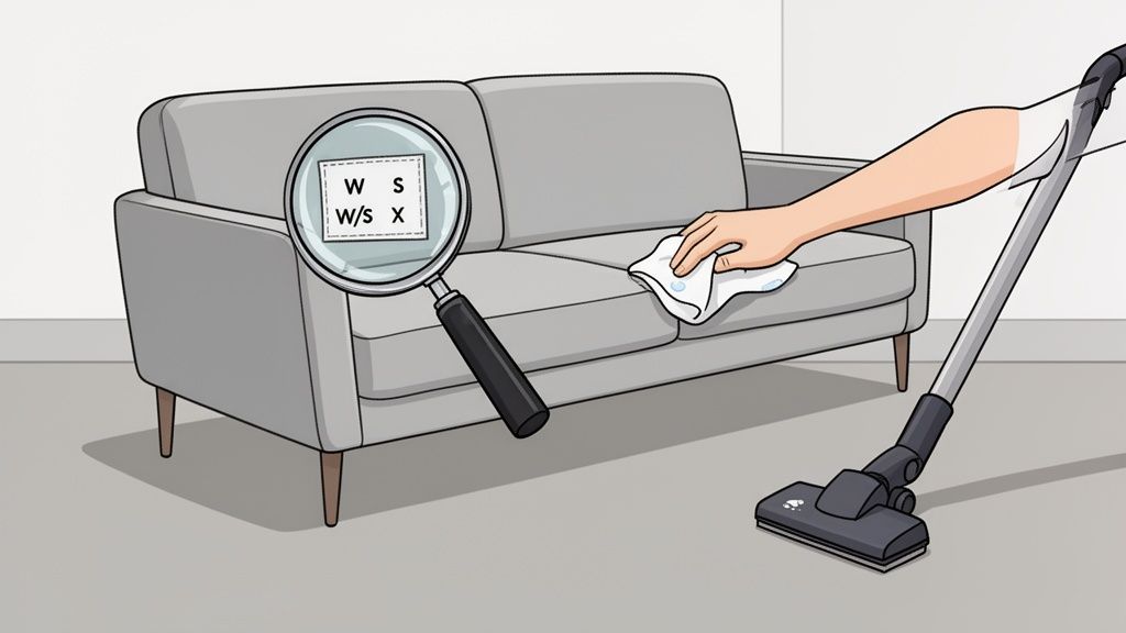 A person cleaning a grey upholstered sofa, checking cleaning codes and using a vacuum.