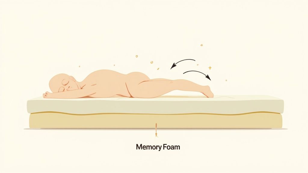 An illustration of a person sleeping comfortably on their stomach on a memory foam mattress, showing body contouring.