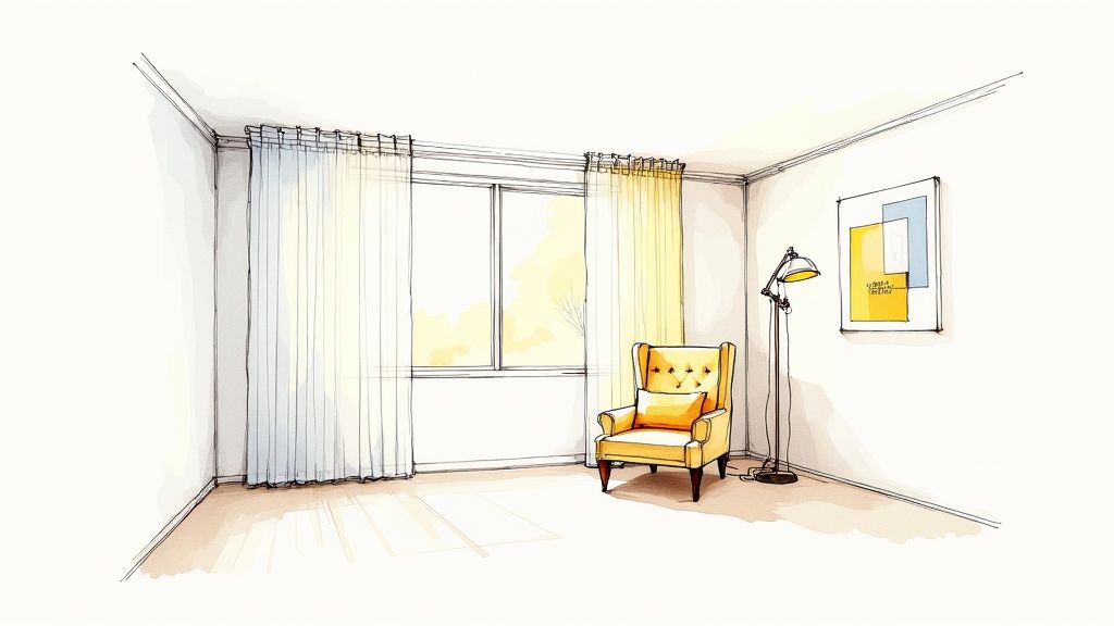 A bright, well-lit living room with large windows and stylish lamps.