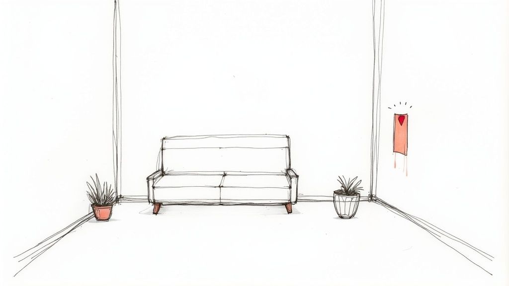 Modern living room with neutral-colored furniture, large windows, and decorative plants.