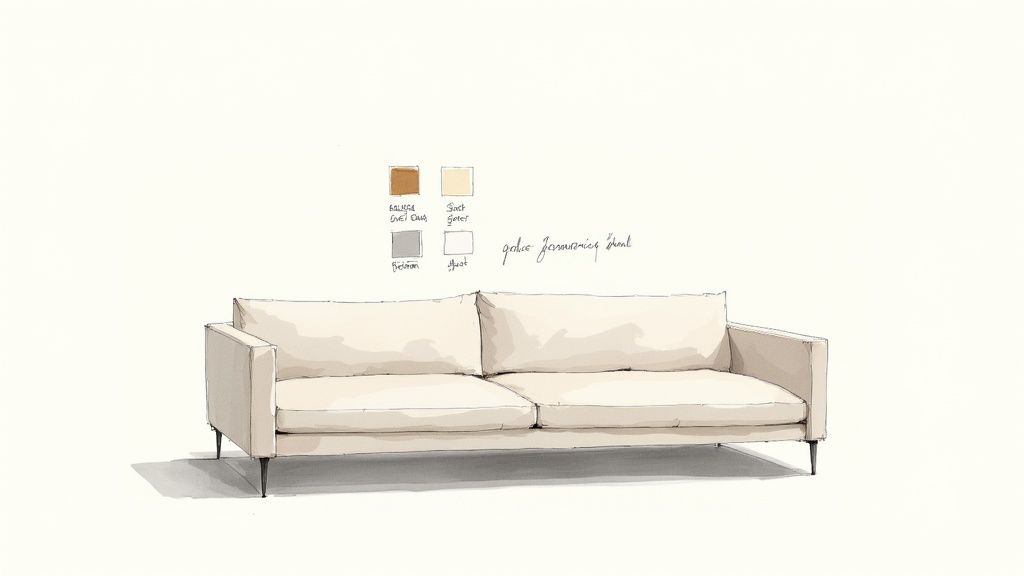 A stylish, light-colored sectional with slim arms and raised wooden legs, placed in a bright, minimalist living room.
