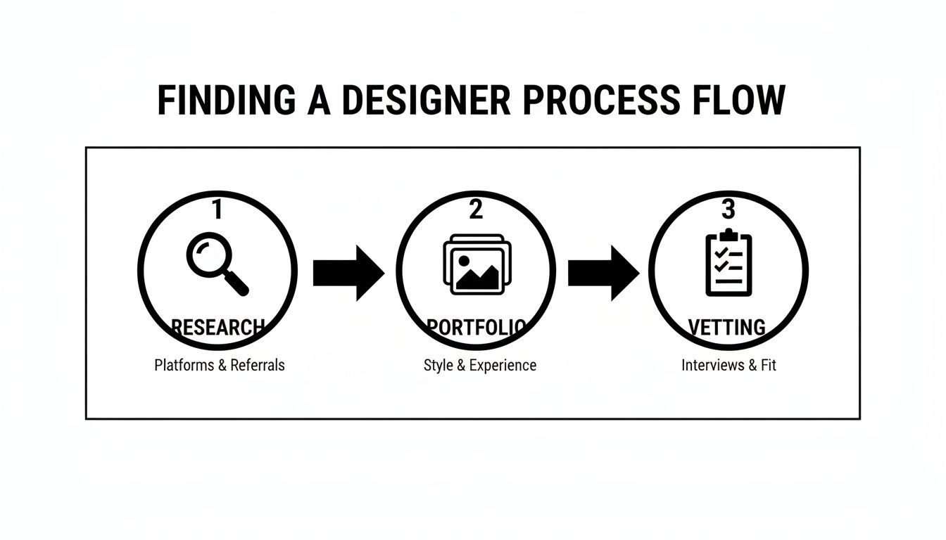 A flowchart outlining the three-step process for finding a designer: research, portfolio review, and vetting.