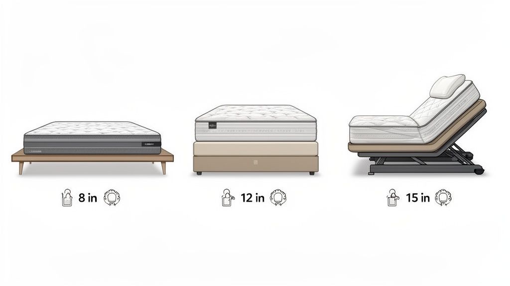 Three illustrations of mattresses on different bed bases, showing 8, 12, and 15 inch heights.
