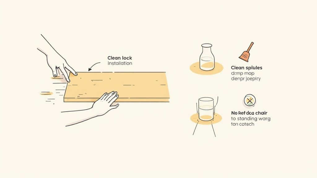 Diagram illustrating laminate flooring installation, showing hands placing planks, cleaning tools, and care tips.