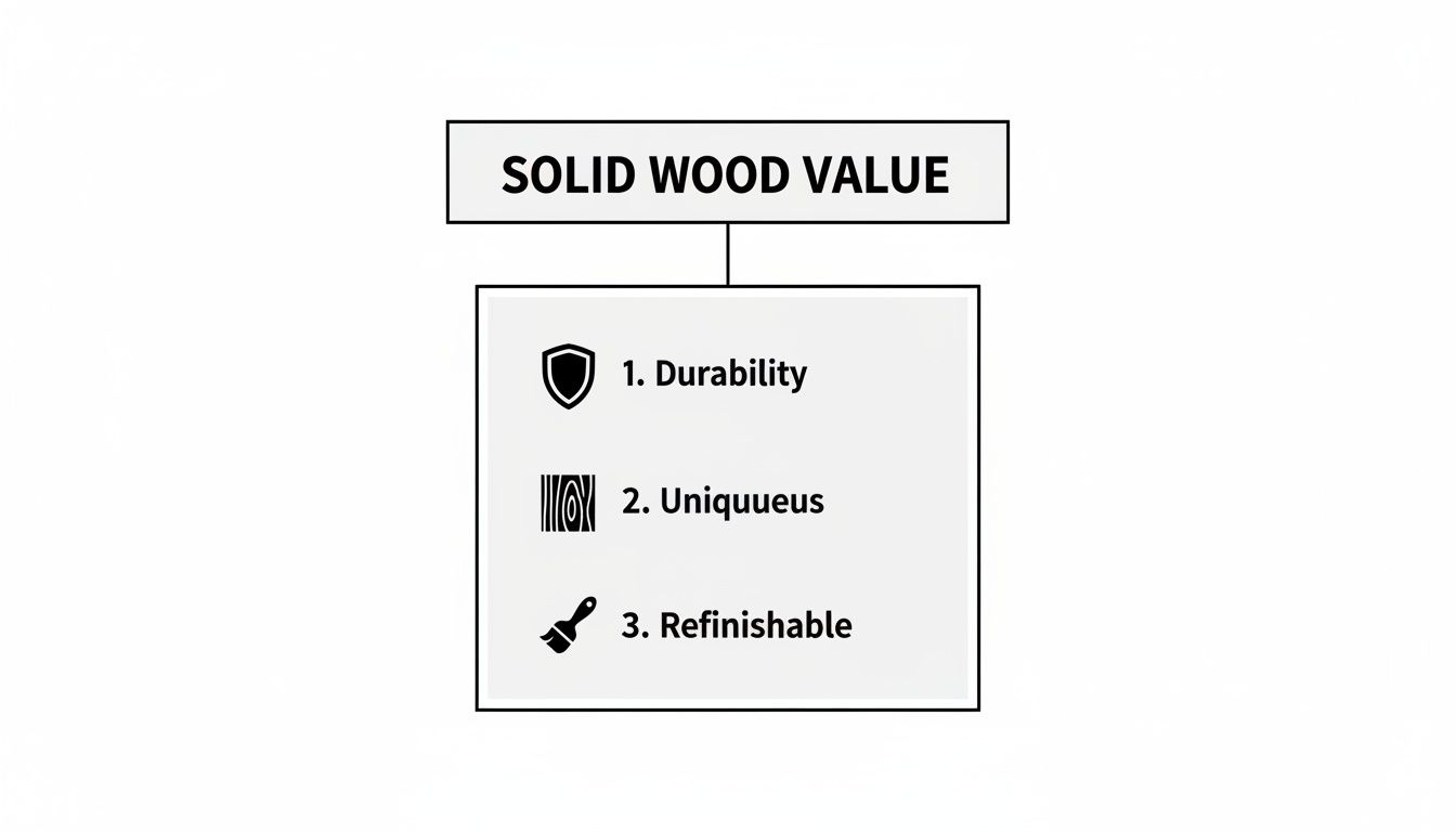 A diagram titled 'Solid Wood Value' listing durability, uniqueness, and refinishability as key benefits.