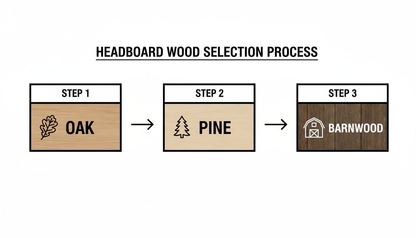 A three-step diagram illustrating the headboard wood selection process featuring Oak, Pine, and Barnwood options.