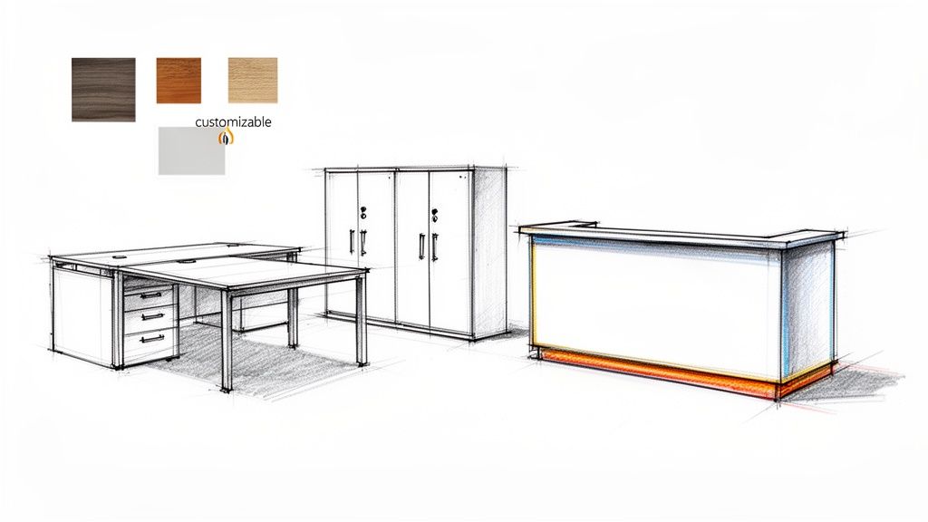 Sketches of modern office furniture: L-shaped desk, storage cabinets, and reception counter with material swatches.