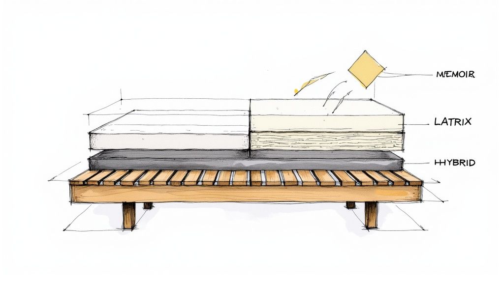 Diagram illustrating mattress layers labeled Memoir, Latrix, and Hybrid on a wooden platform bed frame.