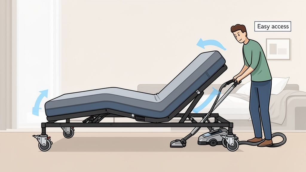 A man vacuums under an adjustable bed frame with casters, demonstrating easy access for cleaning.