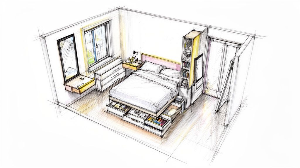 Architectural sketch of a compact bedroom featuring a storage bed, window, dresser, and custom shelving.