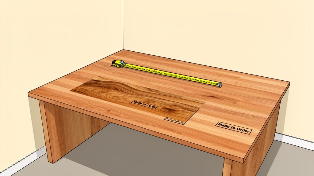 A long yellow tape measure is laid out on a light wooden desk, indicating custom measurements.