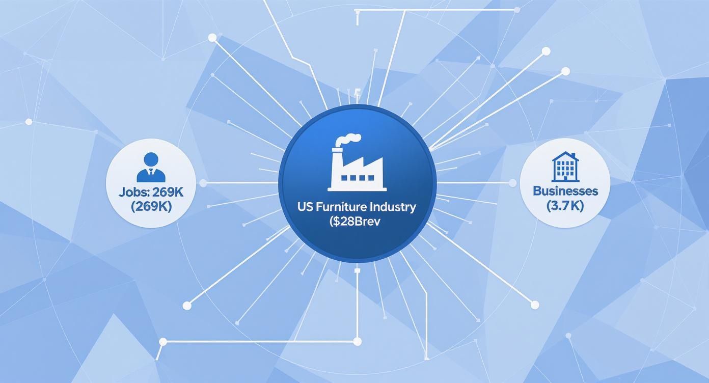 Infographic showing US furniture industry statistics with 269K jobs and 3.7K businesses generating $28B revenue