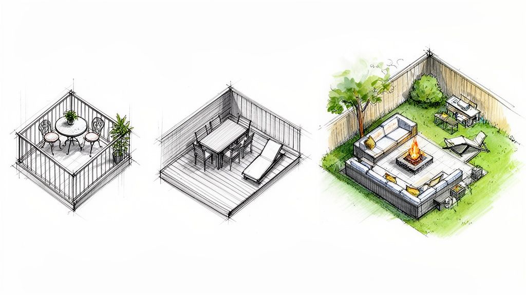 Three isometric sketches illustrating diverse outdoor patio and balcony furniture ideas, from small to large layouts.