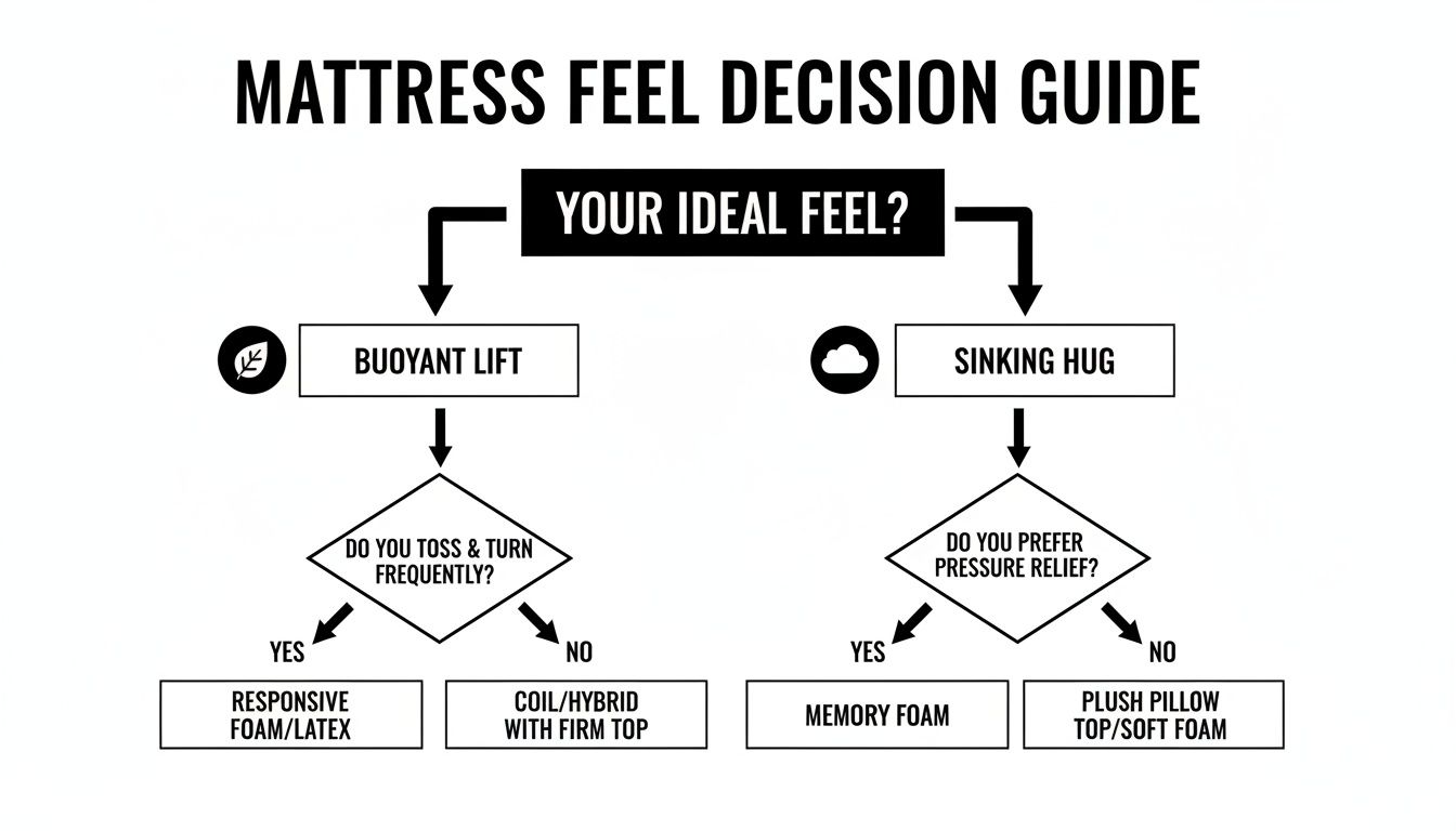 Flowchart for mattress feel decision guide, offering choices between buoyant lift and sinking hug based on sleep preferences.