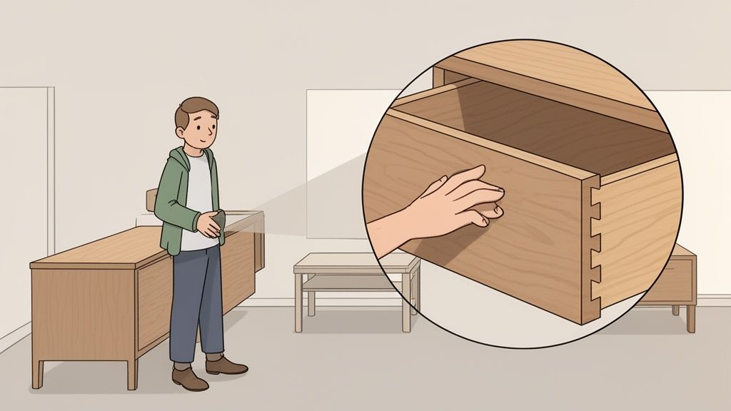 A person observes a wooden desk and a magnified view of a drawer's dovetail joint.