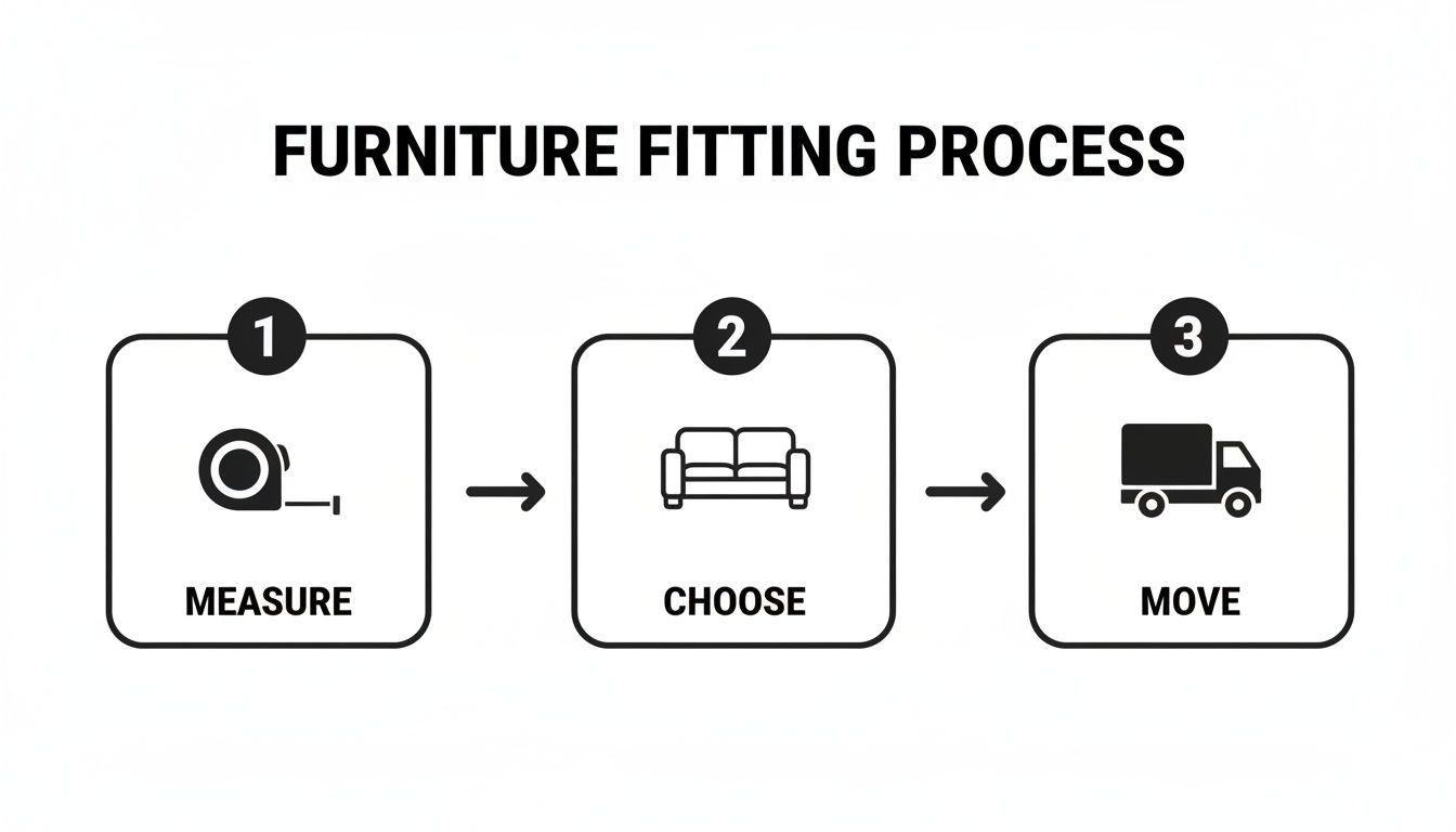 Infographic illustrating a 3-step furniture fitting process: measure, choose furniture, and move delivery.