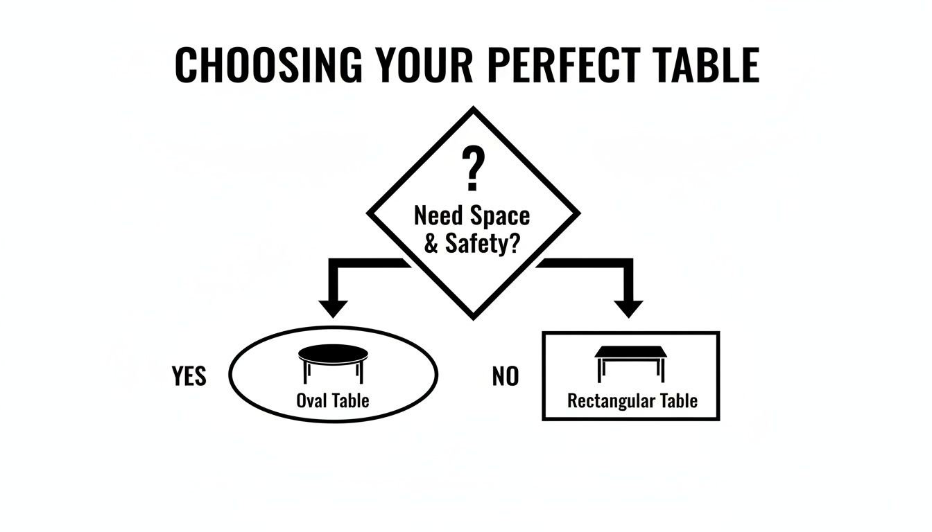 Flowchart guiding the choice between an oval table for space and safety or a rectangular table.