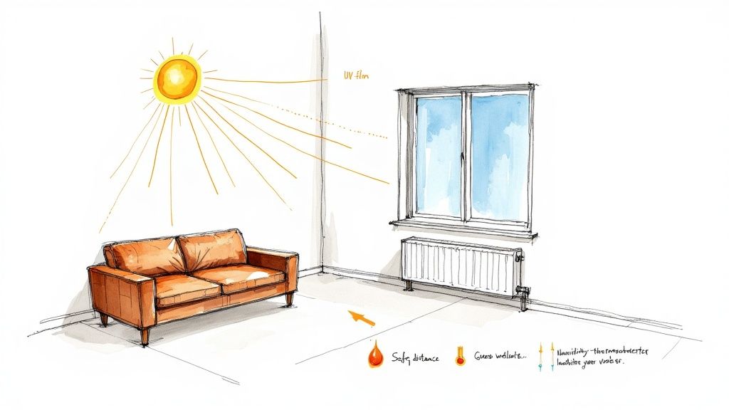 Illustration of protecting a leather sofa from sun, heat, and humidity with UV film.