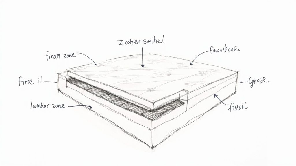 A close-up view showing the different layers and zoned support system of a modern hybrid mattress.