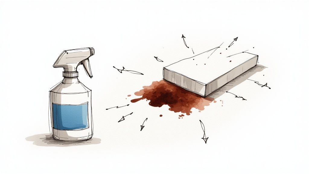 A person spot cleaning a stubborn stain on a memory foam mattress