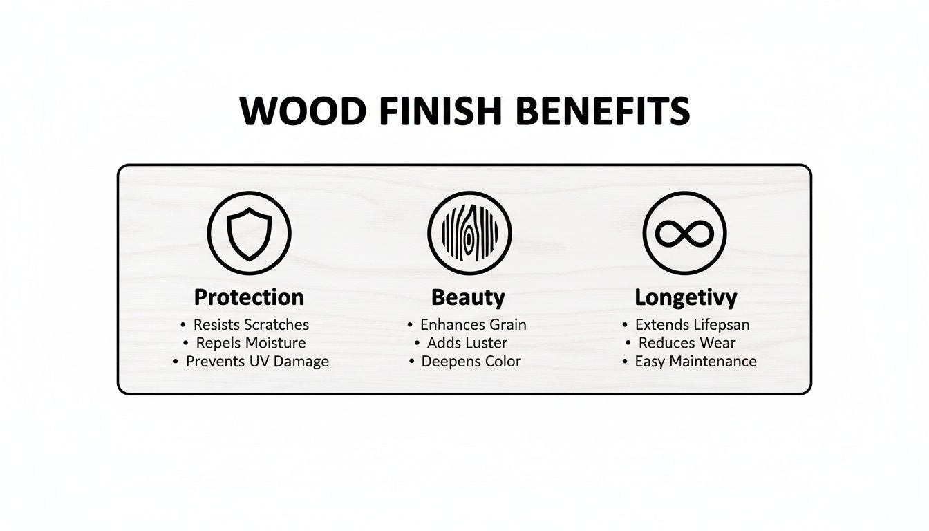Infographic showing wood finish benefits, including protection, beauty, and longevity with specific details.