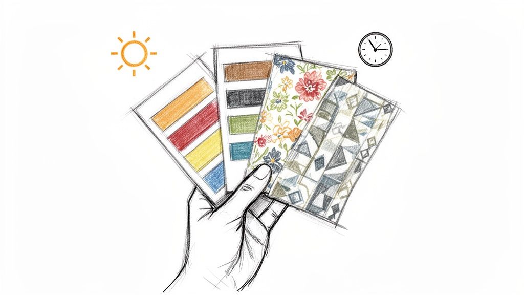 A hand holds multiple fabric swatches with color, floral, and geometric patterns, near sun and clock icons.