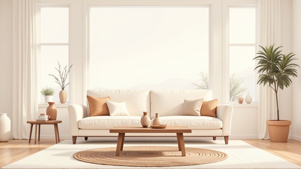 A bright and minimalist living room featuring a white sofa, wooden tables, and potted plants.